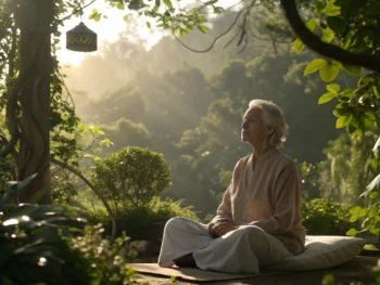 Anciano meditando en un entorno natural con vegetación abundante y luz suave, mostrando una expresión de calma y relajación.