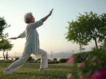 Persona mayor haciendo ejercicio suave en un parque, con un rostro sereno y detalles de un entorno natural tranquilo.