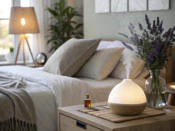 Habitación serena con cama bien hecha, lámpara suave y elementos decorativos que sugieren tranquilidad.