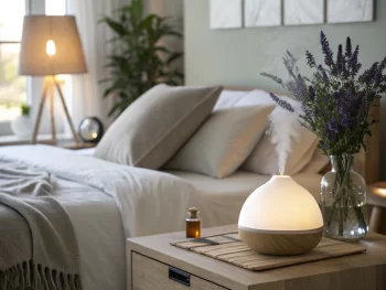 Habitación serena con cama bien hecha, lámpara suave y elementos decorativos que sugieren tranquilidad.