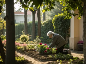 Una persona anciana en un jardín sereno arreglando plantas, rodeada de flores coloridas y vegetación exuberante, con luz natural destacando la belleza del entorno.
