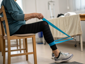 Persona mayor sentada en silla realizando extensión de rodilla con banda de resistencia azul; mano de apoyo estabiliza el muslo, toalla doblada en la silla y bastón desenfocado al fondo. Enfoque en pierna, banda y manos, iluminación suave.