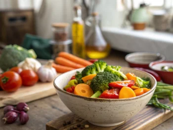 Tazón de verduras cocidas en un entorno de cocina rústica, con luz natural que resalta su frescura y colores vibrantes.